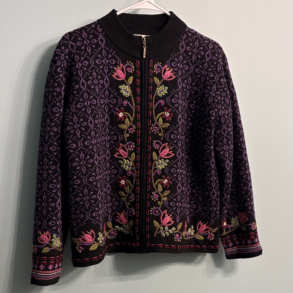 *Vintage* Carson Wool Floral Ribbon; Lined Zip Cardigan Sweater Womens Medium